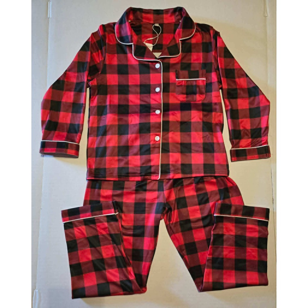 SWOMOG Kids Pajamas Set Red Black Buffalo Plaid Satin Button Up Size 6-7 NWT